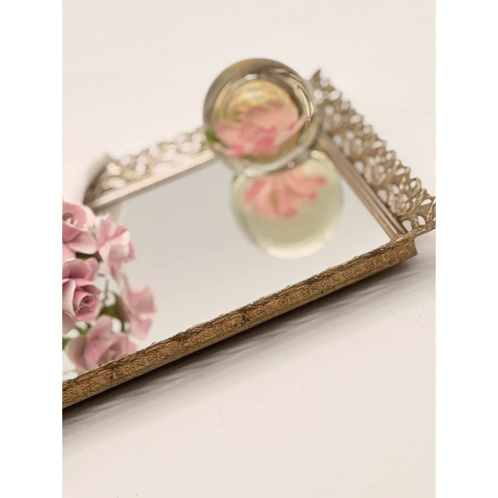 Vintage Hollywood Regency Gold Filigree Mirrored Vanity Tray Ornate Rectangular